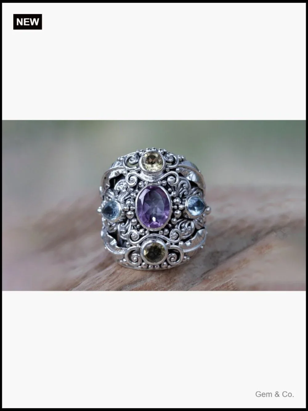 Sterling Silver Amethyst Blue Topaz Cocktail Ring Size 8 Handmade Bali